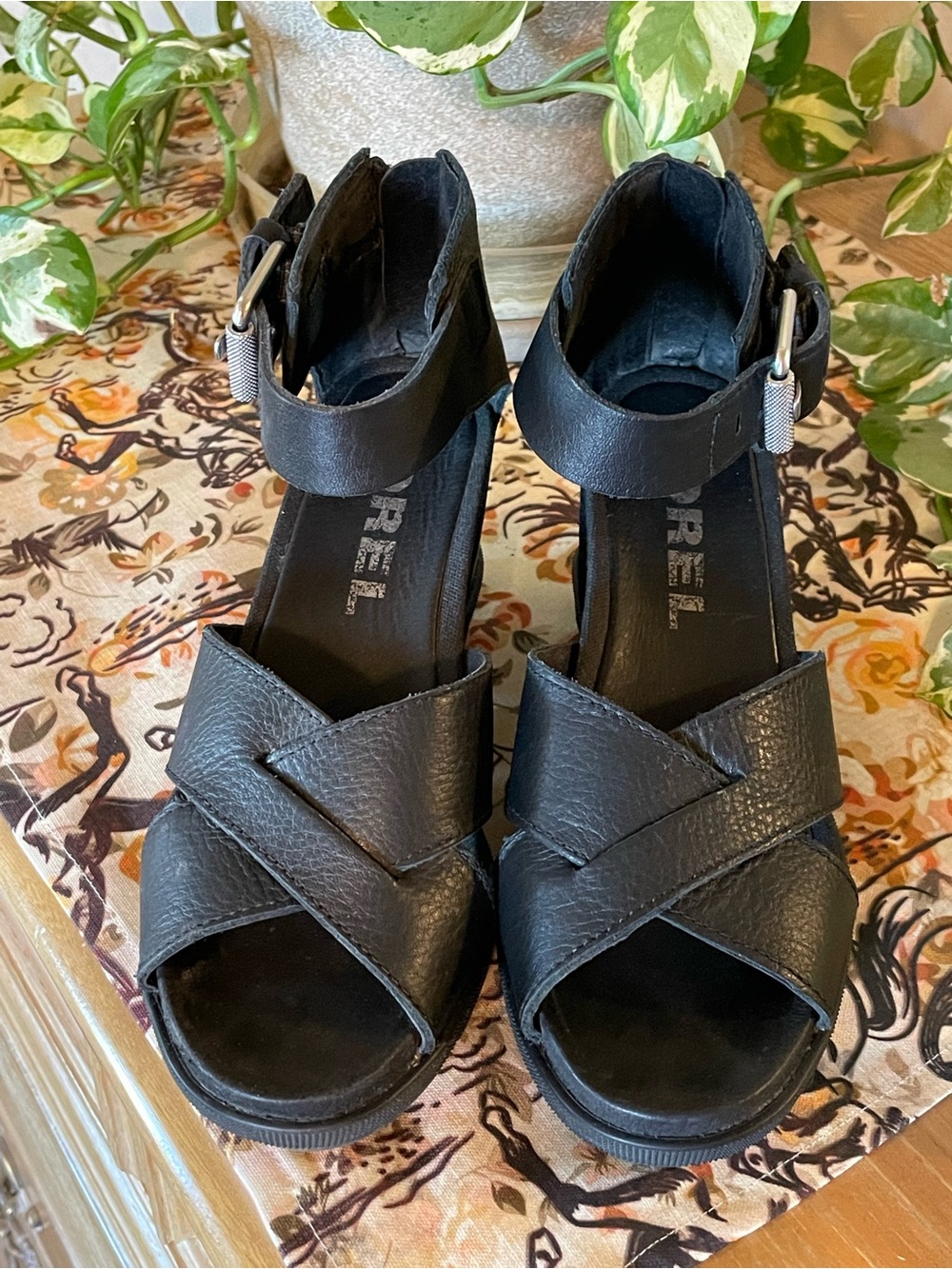 Sorel Black Leather Cross-Strap Wedge Sandals